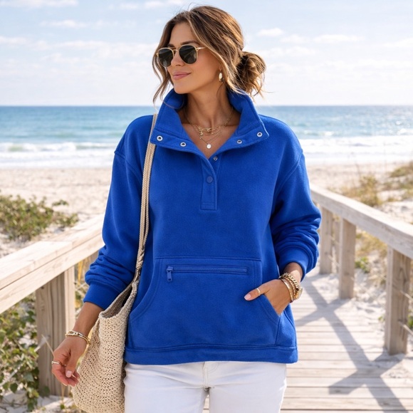 Zenana Outfitters Tops - Zenana Cobalt Blue Snap Collar Pullover Sweatshirt | Cozy Fleece | Size S